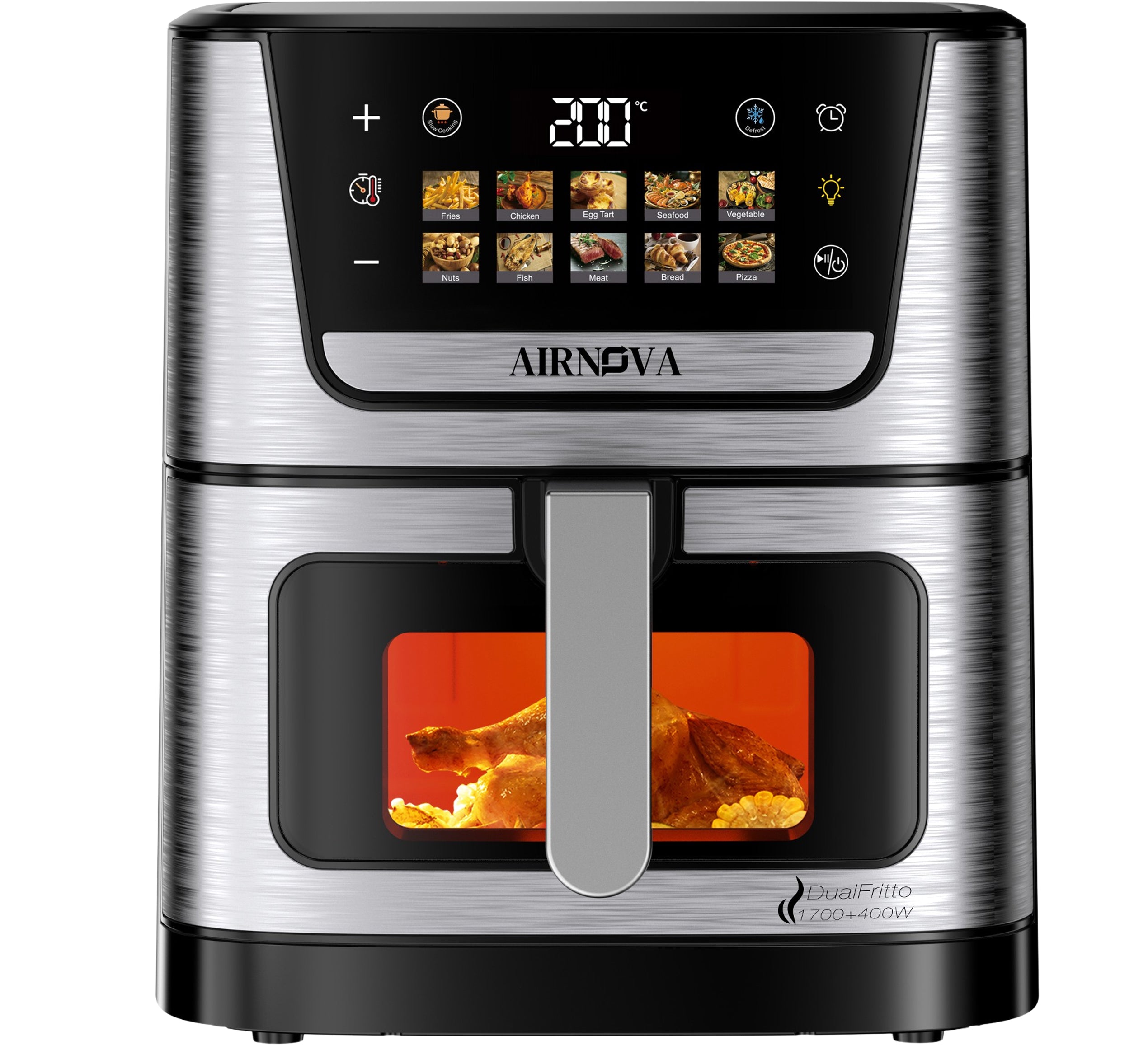 AIRNOVA® DualFritto Air Fryer 2100W (1700W top + 400W bottom), 9L Capacity, Hot Air Fryer, Direct Touch Digital Display, Dual Heating Top + Bottom, Stainless Steel