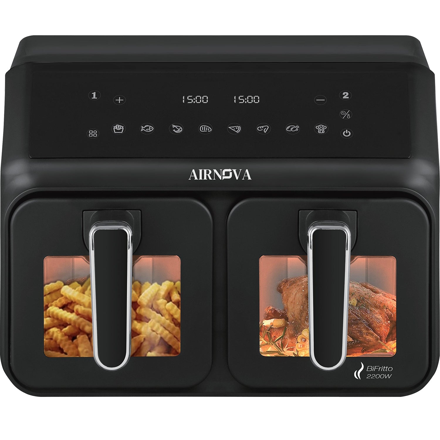 AIRNOVA® BiFritto Air Fryer 9.4L, 2200W, Dual-Compartment Hot Air Fryer, Black