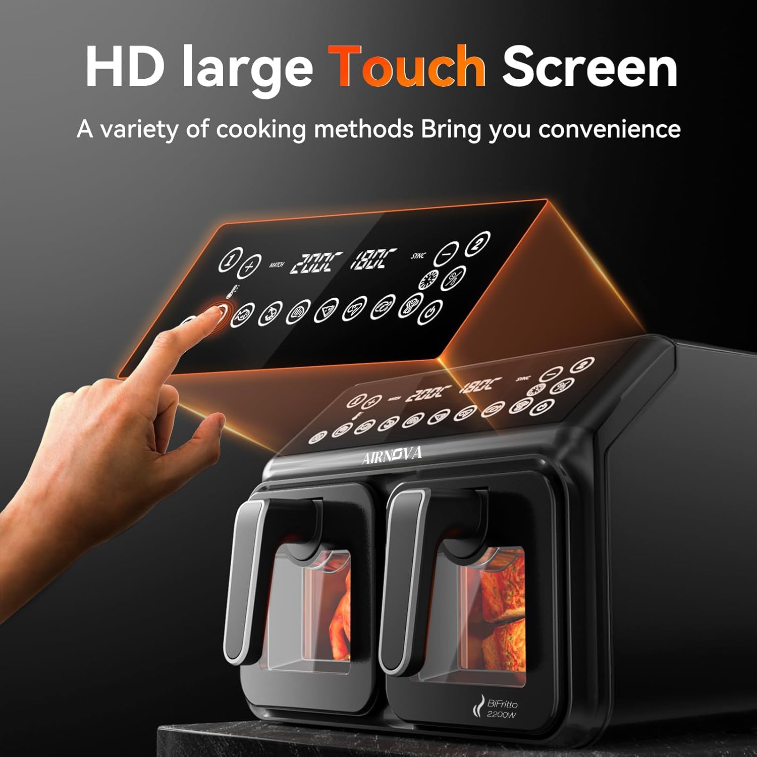 AIRNOVA® BiFritto Air Fryer 9.4L, 2200W, Dual-Compartment Hot Air Fryer, Black