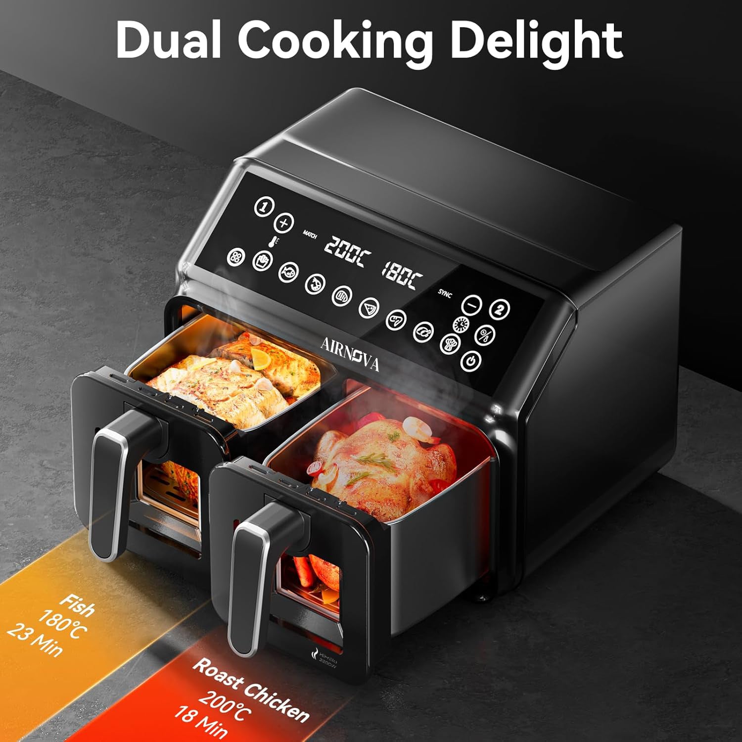 AIRNOVA® BiFritto Air Fryer 9.4L, 2200W, Dual-Compartment Hot Air Fryer, Black