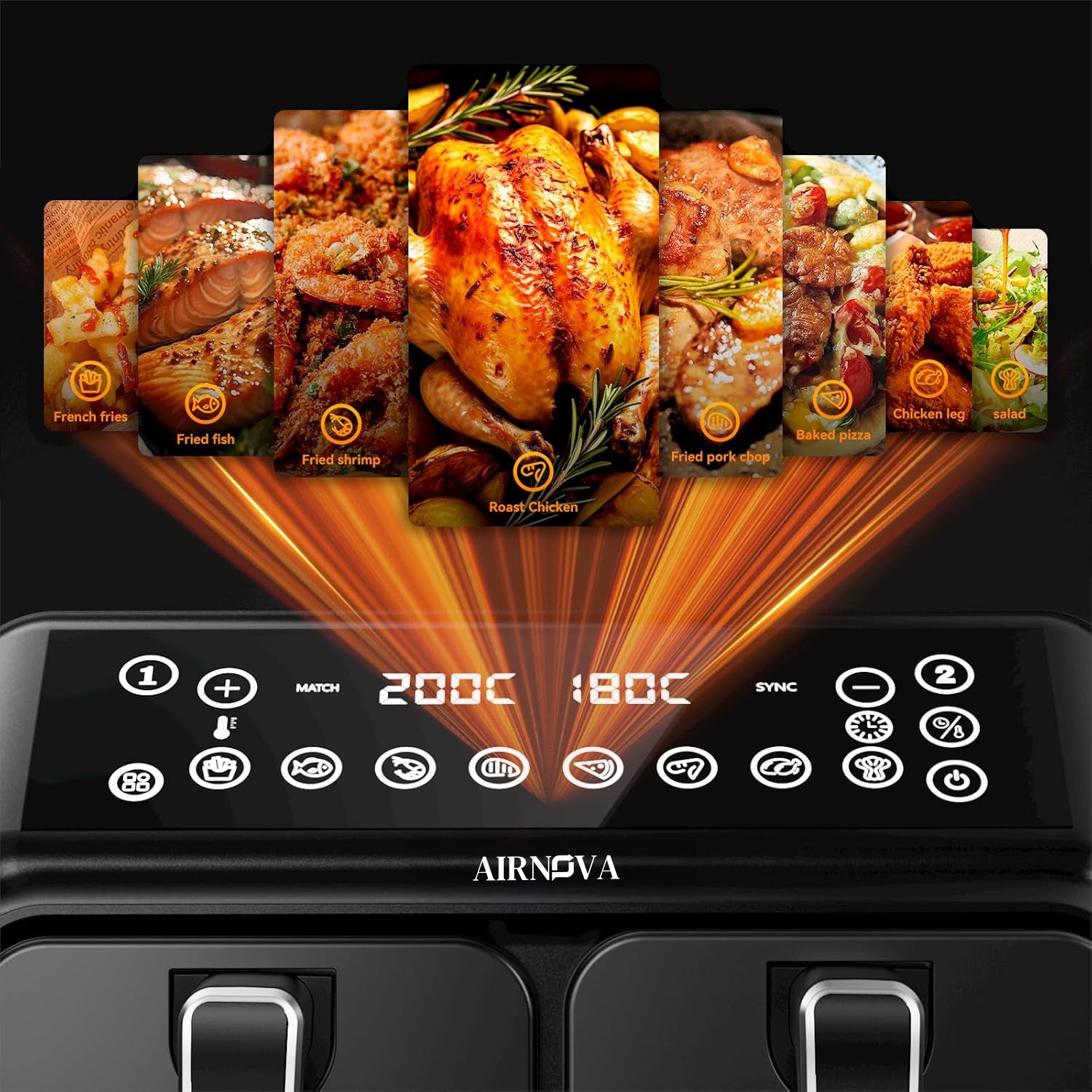 AIRNOVA® BiFritto Air Fryer 9.4L, 2200W, Dual-Compartment Hot Air Fryer, Black