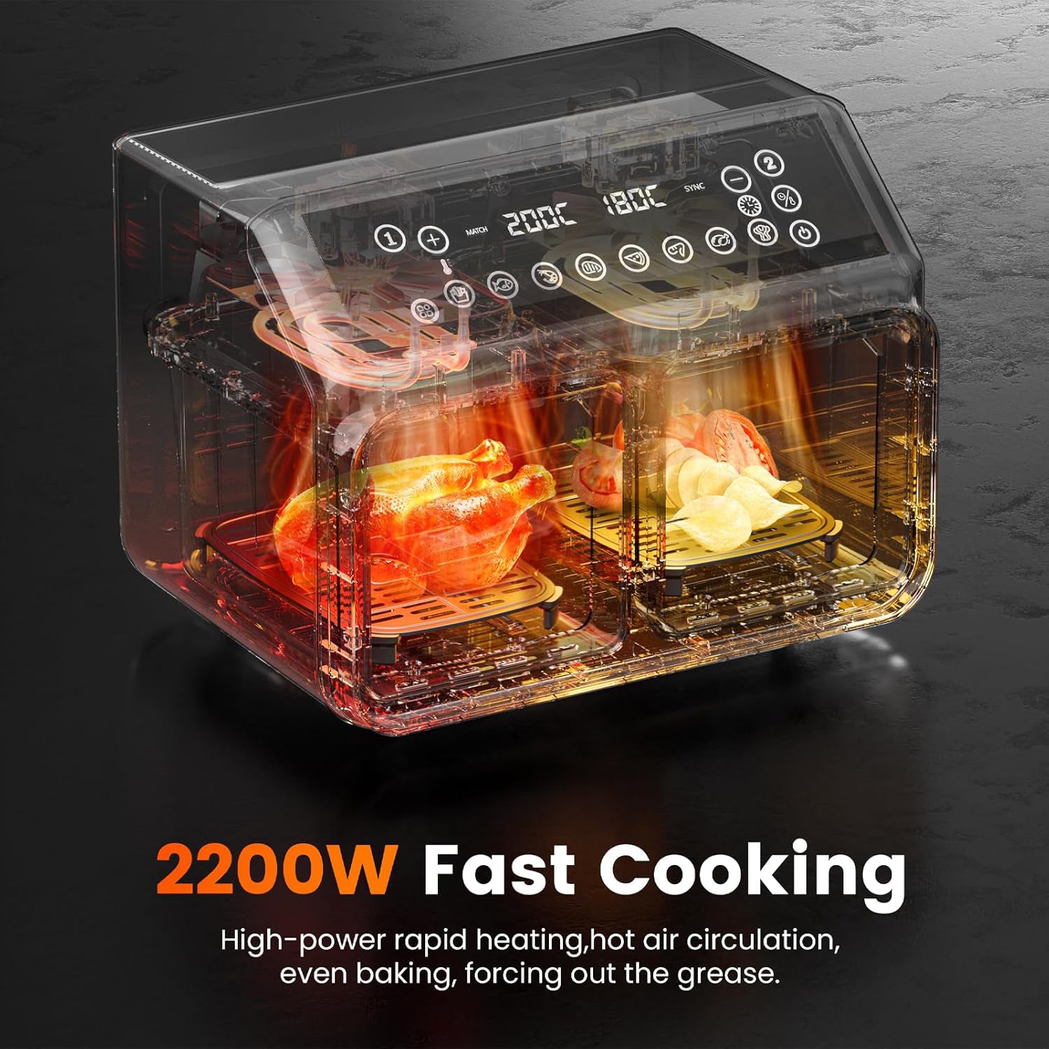 AIRNOVA® BiFritto Air Fryer 9.4L, 2200W, Dual-Compartment Hot Air Fryer, Black