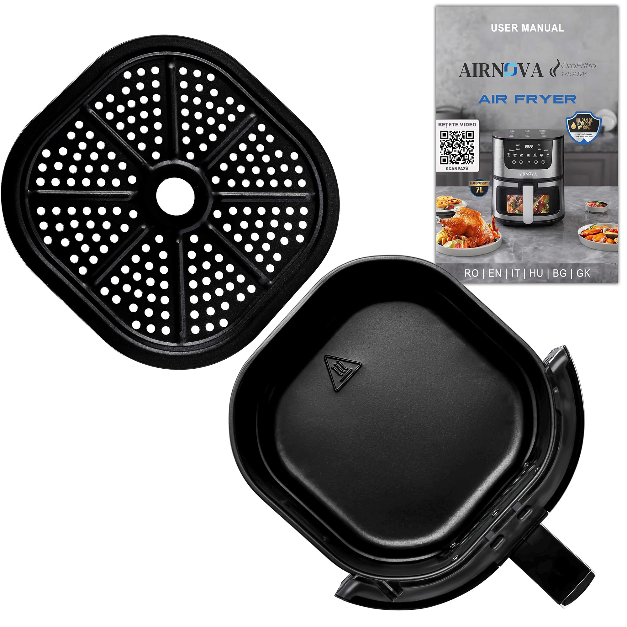 AIRNOVA® OroFritto Air Fryer 7L, 1400W, Hot Air Fryer, Black/Stainless Steel