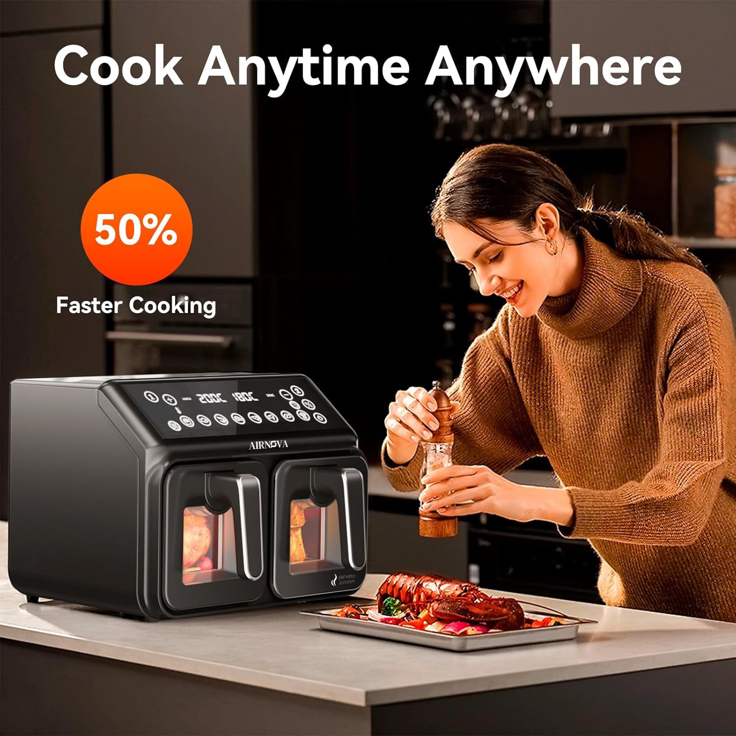 AIRNOVA® BiFritto Air Fryer 9.4L, 2200W, Dual-Compartment Hot Air Fryer, Black