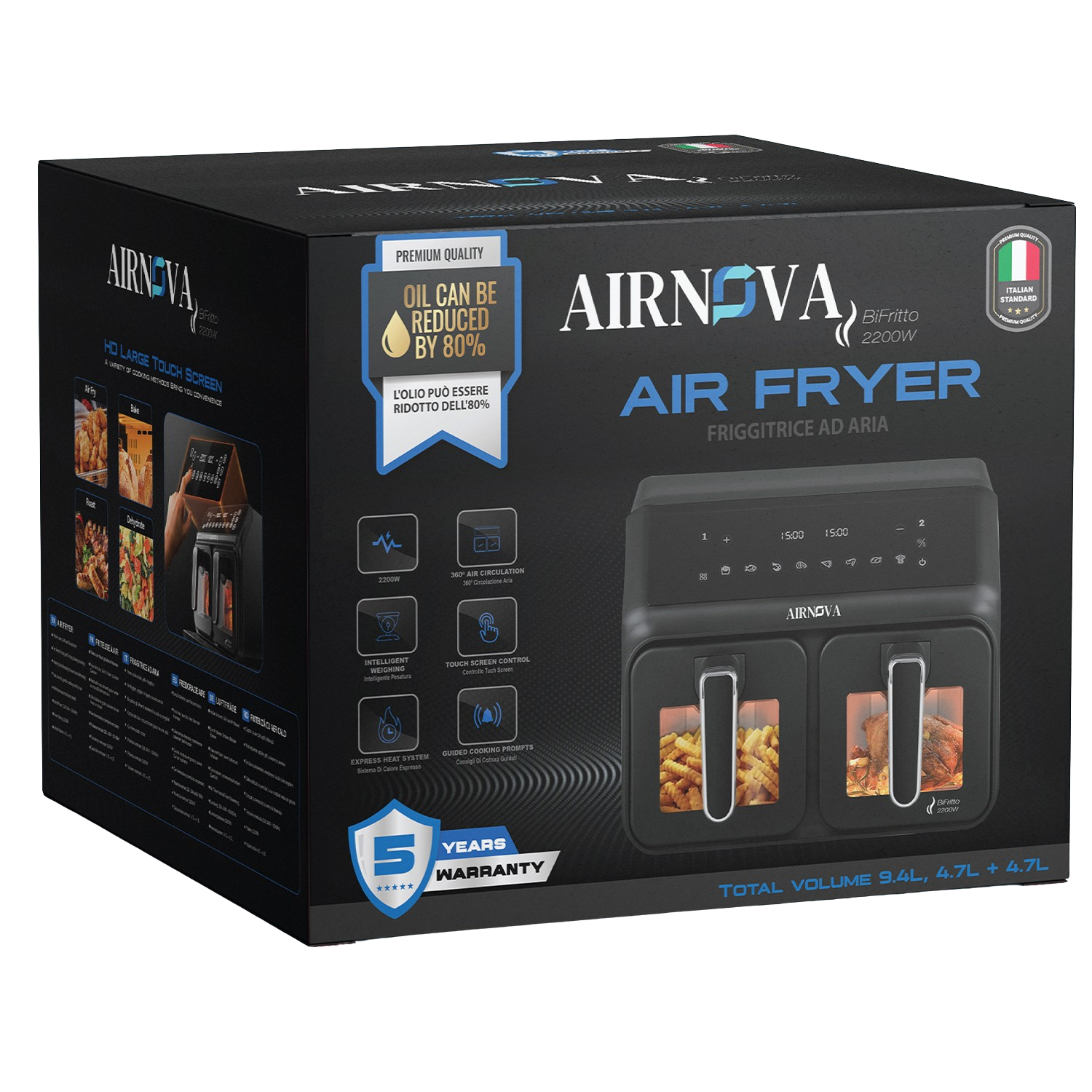 AIRNOVA® BiFritto Air Fryer 9.4L, 2200W, Dual-Compartment Hot Air Fryer, Black