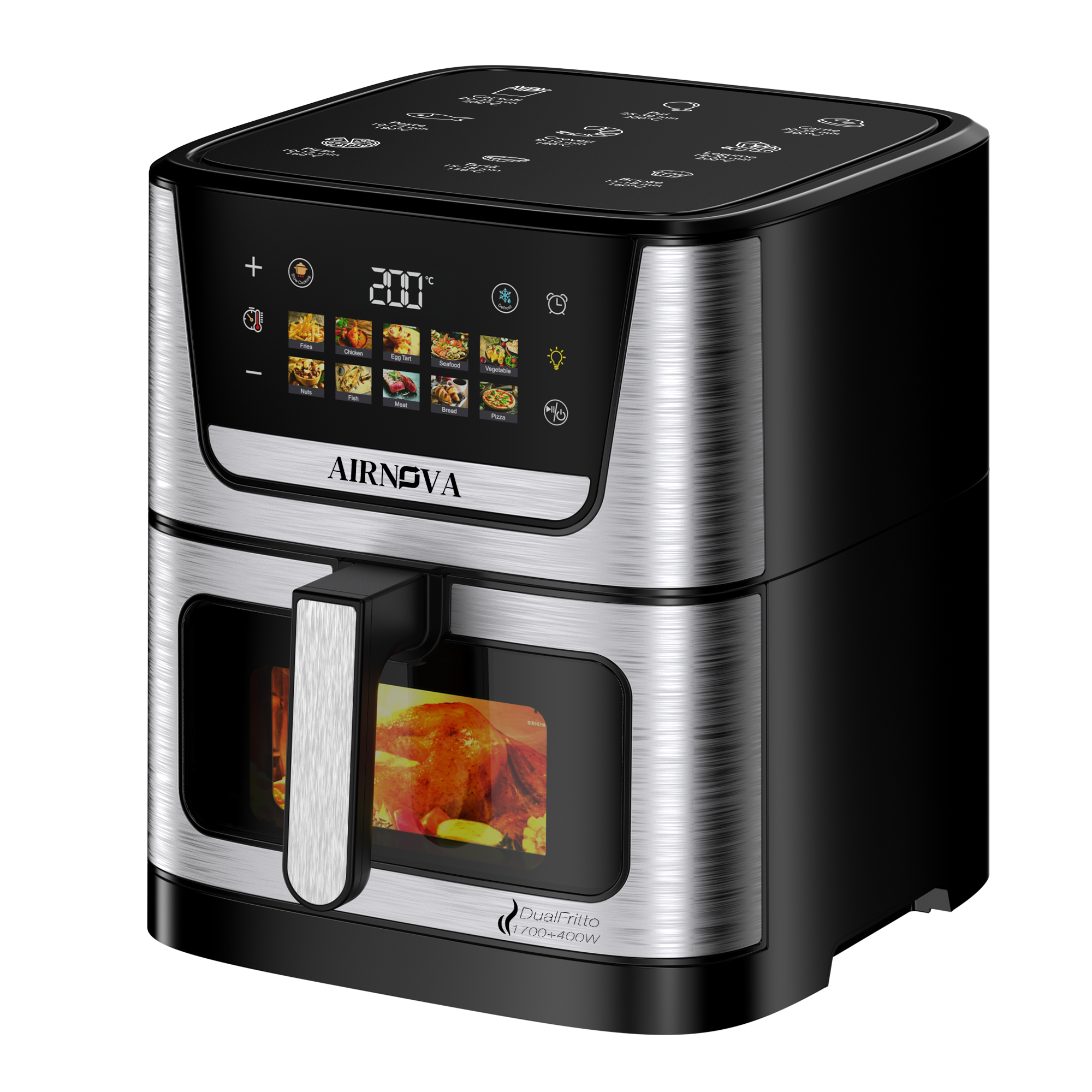 AIRNOVA® DualFritto Air Fryer 2100W (1700W top + 400W bottom), 9L Capacity, Hot Air Fryer, Direct Touch Digital Display, Dual Heating Top + Bottom, Stainless Steel