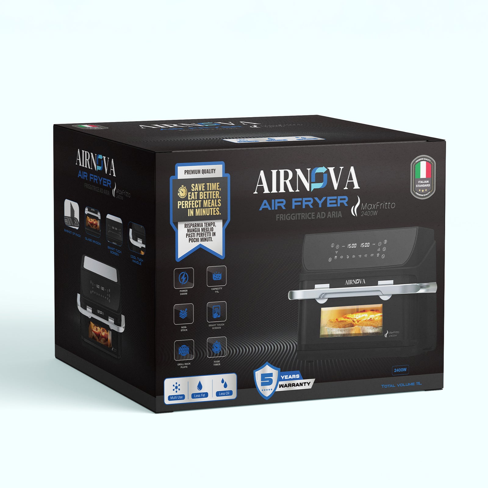 AIRNOVA® MaxFritto Air Fryer 11L, 2400W, Dual Zone Hot Air Fryer, Digital Display, Black