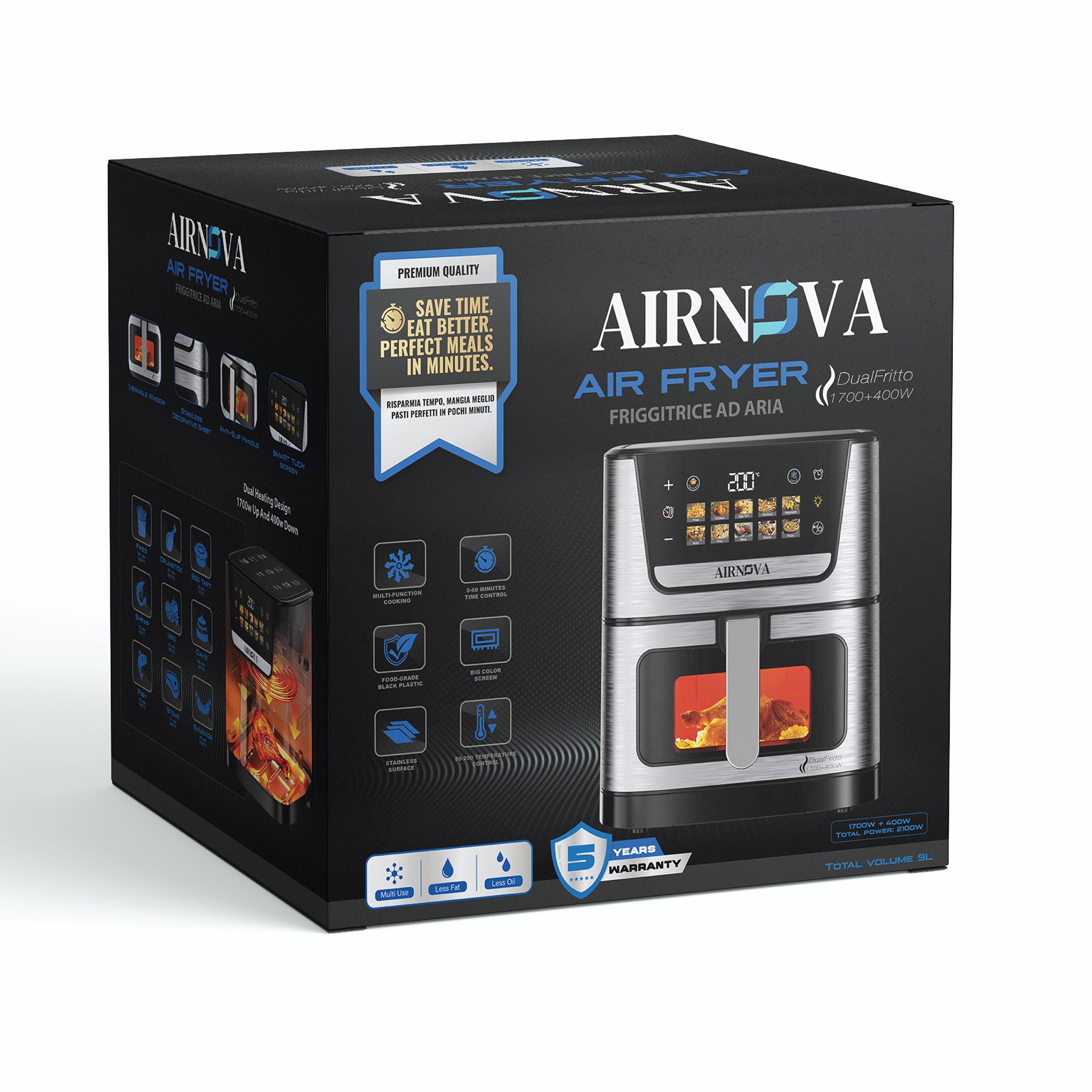 AIRNOVA® DualFritto Air Fryer 2100W (1700W top + 400W bottom), 9L Capacity, Hot Air Fryer, Direct Touch Digital Display, Dual Heating Top + Bottom, Stainless Steel